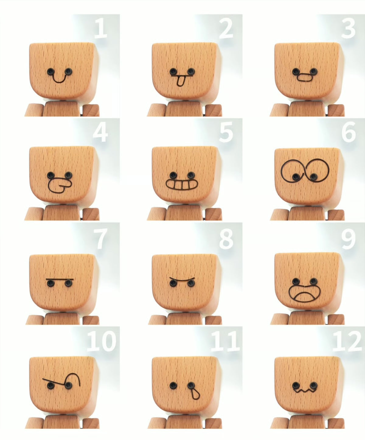 Charmant personnage en bois – 12 expressions faciales