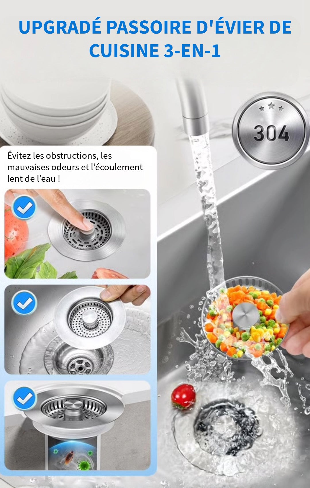 3-en-1 Passoire d’évier de Cuisine
