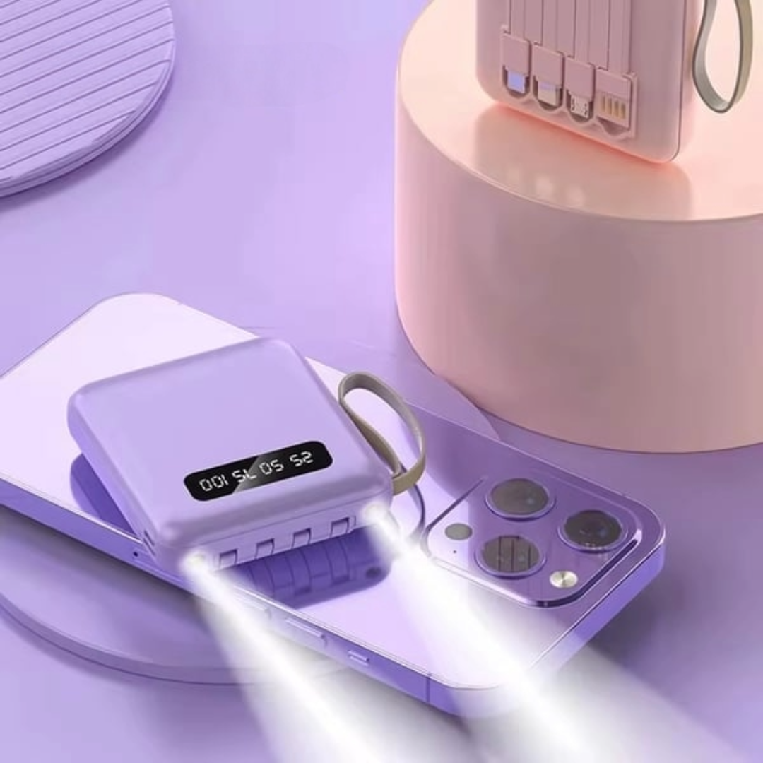 5000mAh Mini Power Bank avec Câbles Intégrés | + Lampe de Poche Intégrée